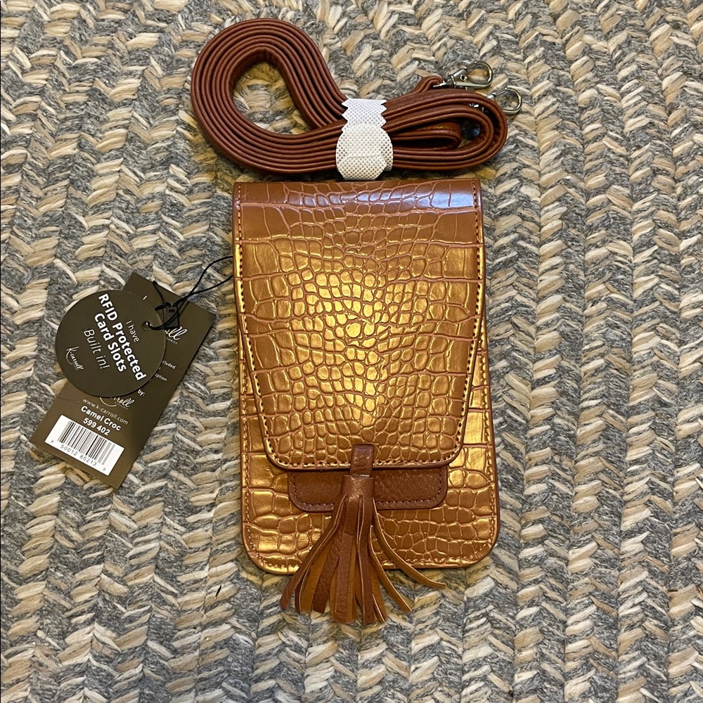K. Carroll Brown Croc Embossed Crossbody Bag with Tassel